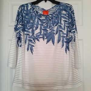 Hearts Of Palm Large Blue White Quarter Sleeve Sheer Lined Blouse